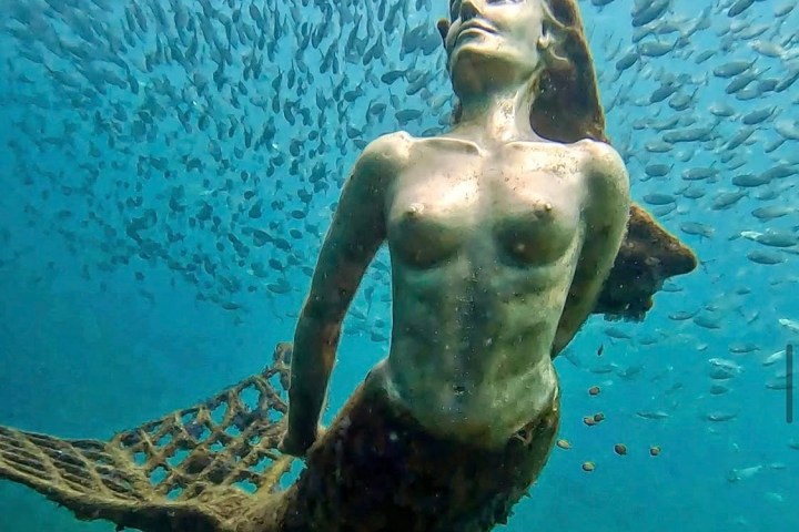 Underwater statue of a mermaid surrounded by fish.