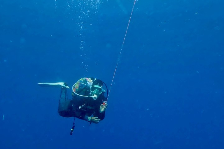 a man flying through the air while swimming in a body of water