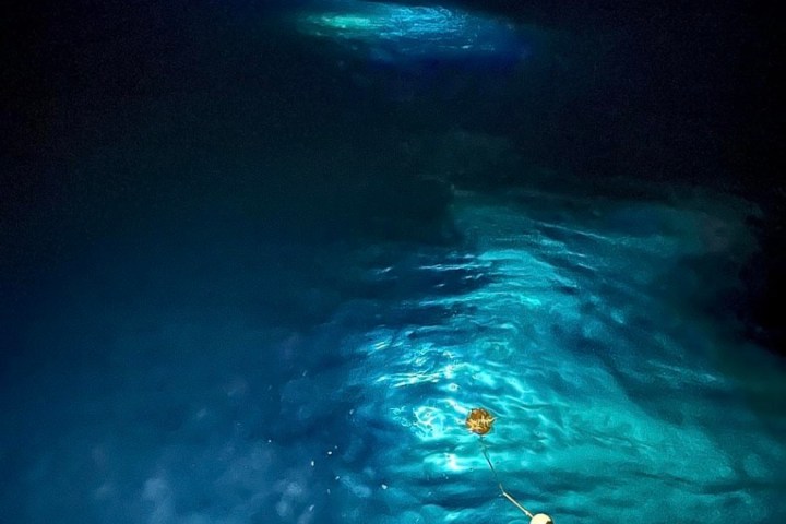 Bioluminescent ocean at night with glowing blue water near a boat.