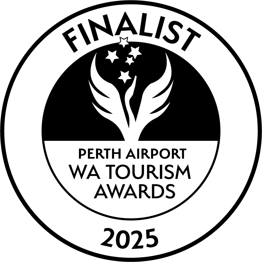 Badge reading 'Finalist Perth Airport WA Tourism Awards 2025' with stars and wings design.